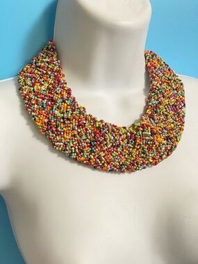Multicolor Seed Bead Wide Collar Statement Necklace Tribal Boho Egyptian Style